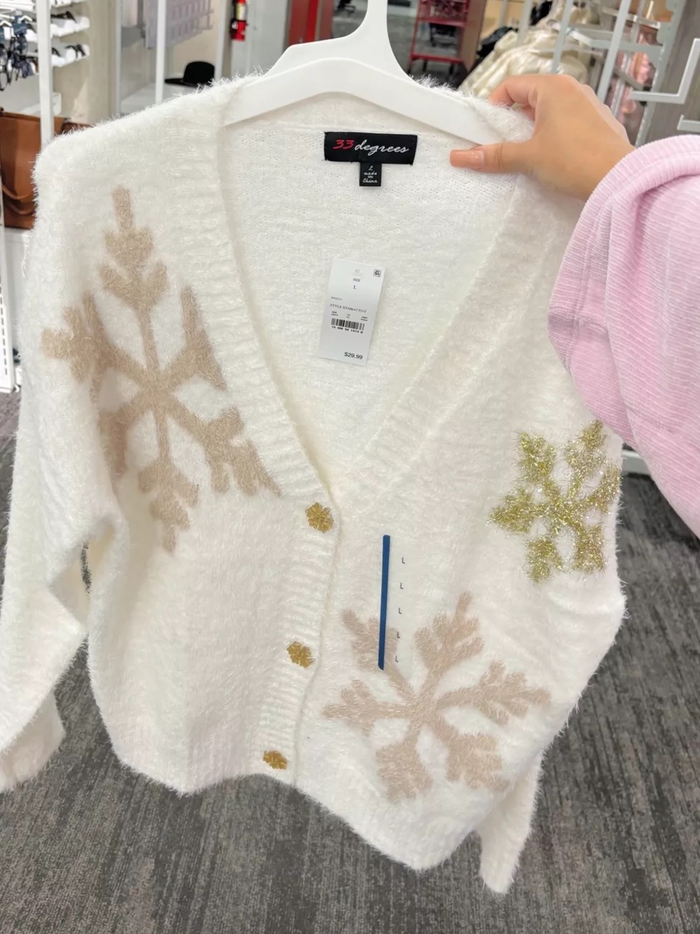 33 degrees fuzzy v neck snow flake cardigan size M